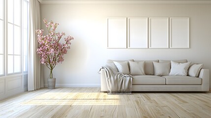 Bright and Spacious Living Room with Modern Furniture and Natural Light from Large Windows