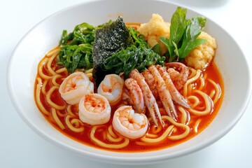 Bowl of ramen Vibrant bowl of seafood noodle soup with shrimp, squid, seaweed, and green vegetables.