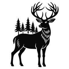 Deer Silhouette Vector, Elegant Wildlife Illustration in Black on a White Background