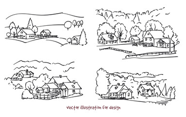 illustration of farmhouses. Vector silhouette set 