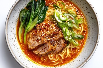 Bowl of ramen A vibrant bowl of noodles topped with tender meat and fresh greens in a spicy broth.