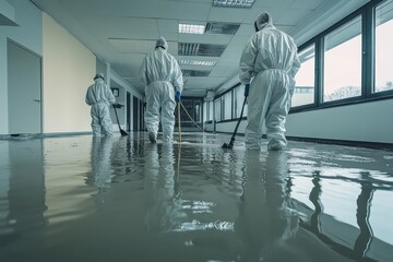 Workers in hazmat suits diligently cleaning a flooded room, representing the critical role of disaster recovery and environmental cleanup.