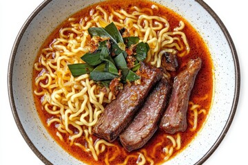 Bowl of ramen A bowl of spicy beef ramen topped with green herbs and noodles in rich broth.