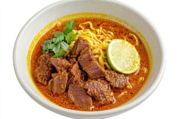 Bowl of ramen Delicious bowl of beef curry noodles garnished with lime and herbs.