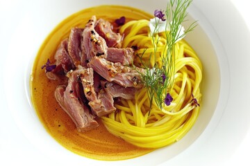 Bowl of ramen Gourmet dish featuring yellow pasta and slices of meat, garnished with herbs and edible flowers.
