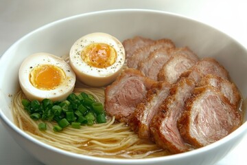 Bowl of ramen Delicious ramen bowl with sliced pork, soft-boiled eggs, and green onions.