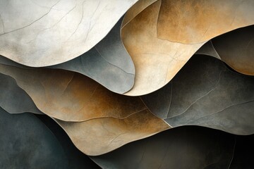 Abstract art depicting overlapping, textured layers in shades of gray, beige, and brown, creating a wavy, undulating pattern.