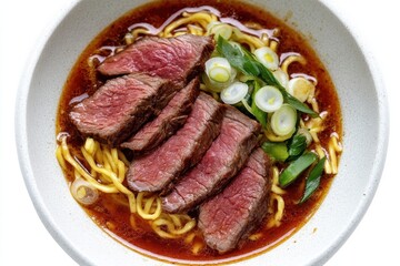 Bowl of ramen A bowl of ramen featuring sliced beef, green onions, and yellow noodles in a savory broth.