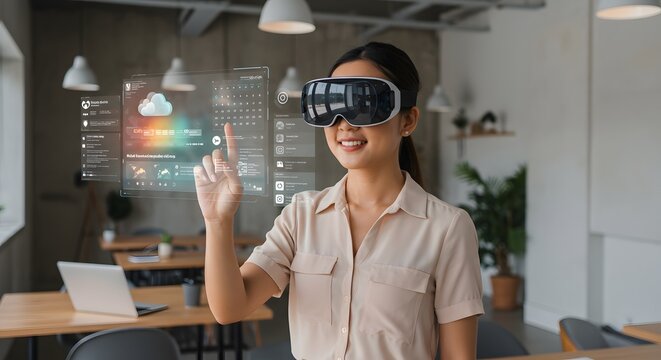 Smiling Woman Using Virtual Reality Headset to Interact with Holographic Interface in Modern Office