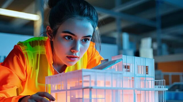A young woman wearing reflective clothing and examining a model object of a solar-powered building.
