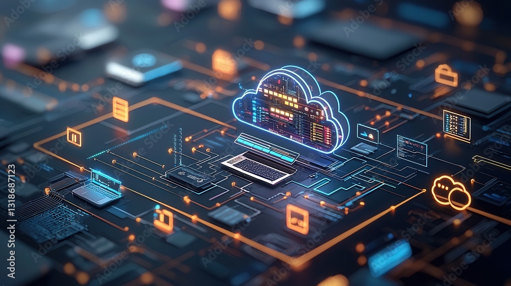 Poster futuristic neon style digital artwork depicting a complex cloud and network technology platform with