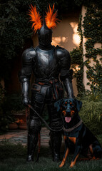 Naklejka premium Black Plate Armor, Orange Feathers, and Doberman Pinscher