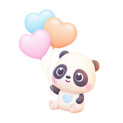Fototapeta premium Birthday animal baby monthly Milestone concept, Cute panda character holding heart-shaped balloons against a transparent background.