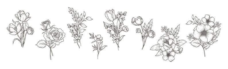 Fototapeta premium Hand drawn flowers in line art style. Bouquets. Trendy botanical elements of garden floral plants, branches and leaves. Vector illustration for logo, wedding invitation, tattoo, save the date, card