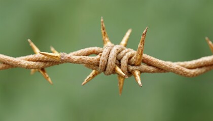 Fototapeta premium Close-up of a rusty barbed wire with sharp spikes against a blurred green background