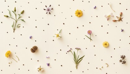  Scattered dried wildflowers on soft beige background, vintage floral arrangement.