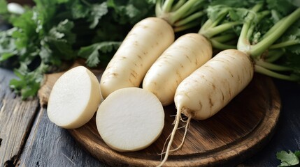 Fresh Daikon Radishes on Wooden Cutting Board