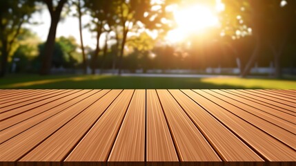 Sunlight Streaming Over a Wooden Deck in a Serene Outdoor Setting with Trees and Grass