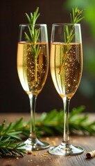 Elegant champagne flutes filled with bubbly wine and adorned with golden sprigs of rosemary and thyme , wine, glassware