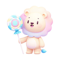 Fototapeta premium Birthday animal baby monthly Milestone concept, Cute cartoon lion character holding a colorful lollipop on a transparent background.
