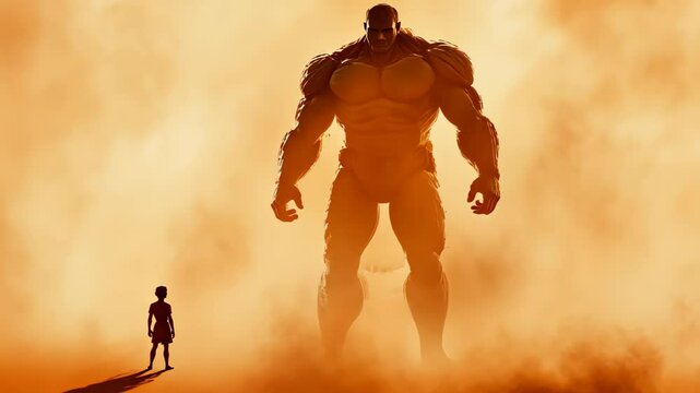 David and Goliath Dynamic Painting of Young Boy Facing Giant Silhouette in Misty Warm Tones Conceptualizes Courage and Struggle in Minimalist Style With Soft Edges Illustrating Epic Confrontation