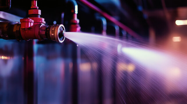 a close up action shot of commercial fire suppression sprinklers spraying water. fire sprinkler system. Fire sprinklers are part of an overall safety protocol for fire and life safety.