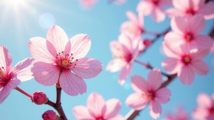 Obraz premium Delicate Pink Blossoms Bask in Sunlight's Embrace, a Stunning Display of Spring's Arrival