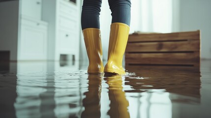 Person standing flooded room is wearing grey jeans professional water removal from