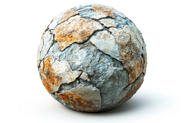 Fototapeta premium Large, cracked, and weathered stone ball sits on a white background. The texture of the stone is rough and uneven, giving it a sense of age and history