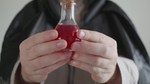 A man with a cross around his neck holding a potion in a red glass bottle