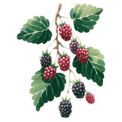 Fresh fruit concept. A vibrant illustration of a blackberry branch with ripe and unripe berries, surrounded by green leaves.