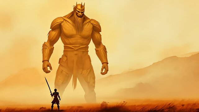 Young Warrior Facing Giant in Misty Landscape Digital Painting of David and Goliath Scene with Warm Tones and Dramatic Lighting Perfect for Fantasy and Mythology Themes in Stock Image Libraries