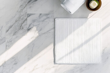 Mockup soft white bath mat on marble floor, overhead view, minimalist bathroom decor, casting shadows, clean aesthetic
