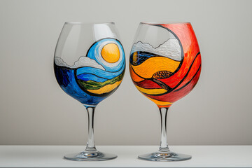 Pair of Hand-Painted Wine Glasses with Landscape Designs