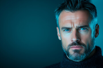 Portrait of a Middle-Aged Man with Gray Hair and Blue Eyes