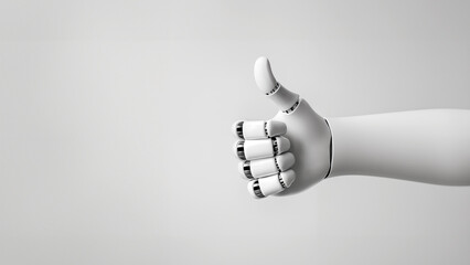 A white cyborg robotic hand making a like gesture, isolated on a gray background. AI robot hand giving thumb up. Copy space