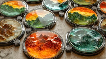 A series of petri dishes showcase miniature mountain landscapes in diverse color palettes.