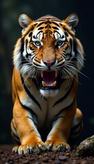 Fototapeta premium Regal tiger showcasing its striking stripes and mighty jaws, wild, wild animals