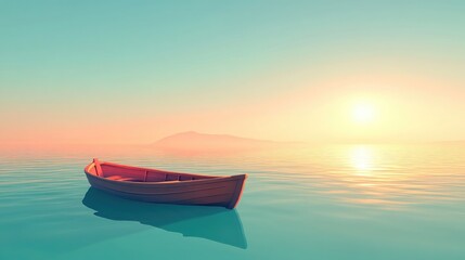 Naklejka premium Solitary Rowboat on Calm Waters at Sunset, Reflecting Tranquility and Serenity in a Peaceful Horizon
