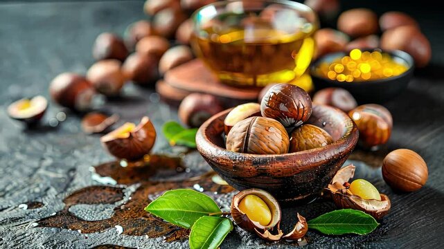 macadamia nut essential oil. Selective focus