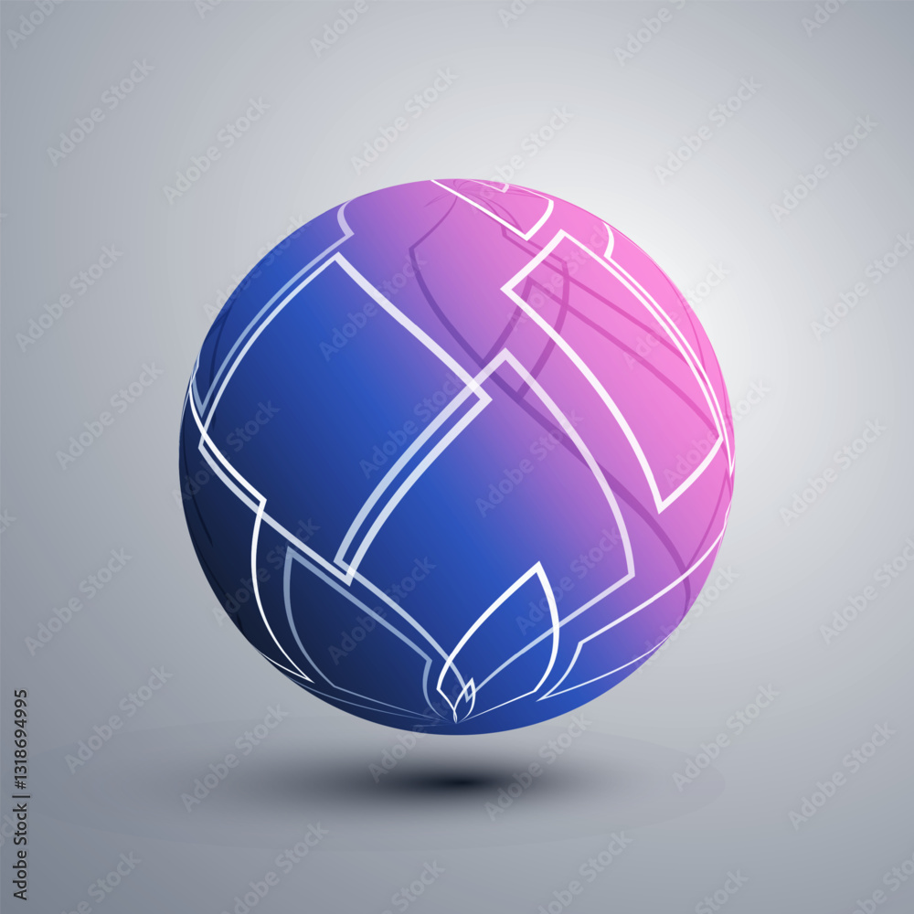 Poster abstract pink and blue translucent patterned lit globe design with intersecting white squares, grid 