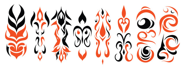 Vector graphic design elements of racing stripes, flames, and tribal patterns in black on a white background