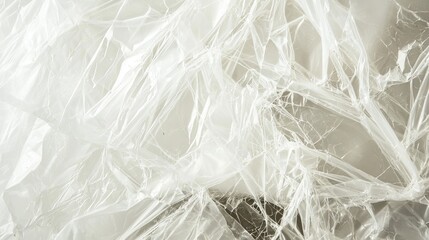 A close-up of crinkled plastic wrap with a light background, showcasing its translucent and textured surface. A creative interpretation of packaging materials.