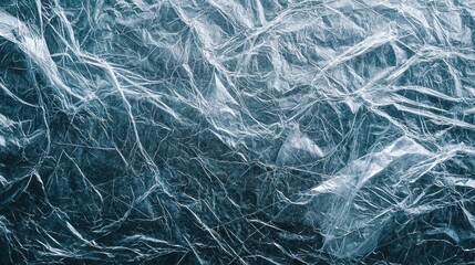 This image showcases a close-up of textured clear plastic, emphasizing its crumpled and transparent features, creating a dynamic background.