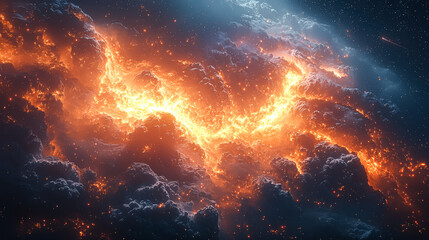 Fototapeta premium Space scene with a bright orange cloud in the middle. The sky is filled with stars and the clouds are glowing with a warm, fiery light. The scene is peaceful and serene