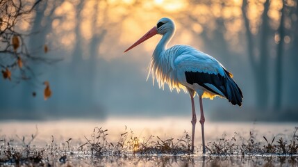 Obraz premium A white stork stands in the soft morning light of a misty marsh, exuding peace and tranquility.