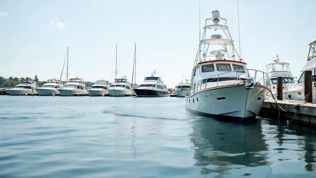 Luxury yachts docked in marina on sunny day.