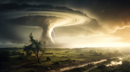 Stormy sky with a large tornado in the distance. The sky is dark and the clouds are heavy with rain. Scene is ominous and foreboding