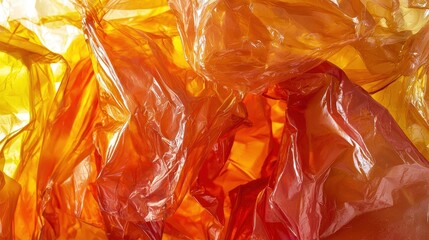 An abstract image showcasing vibrant orange and yellow plastic sheets, creating a warm, artistic background with layers of transparency and texture.
