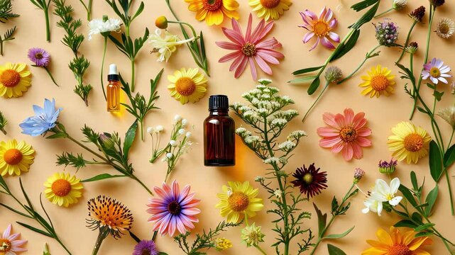 essential oil from medicinal flowers, top view. Selective focus
